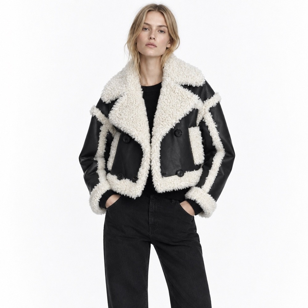 Stand Studio Kristy Jacket Women 34 Black Faux Shearling Aviator Cropped B3 Coat